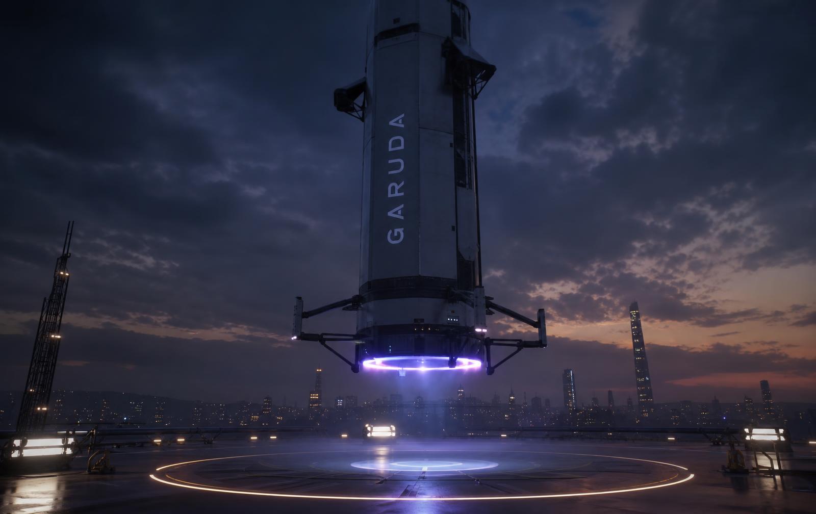 GARUDA booster descending on a glowing repulsion ring above a lit landing pad