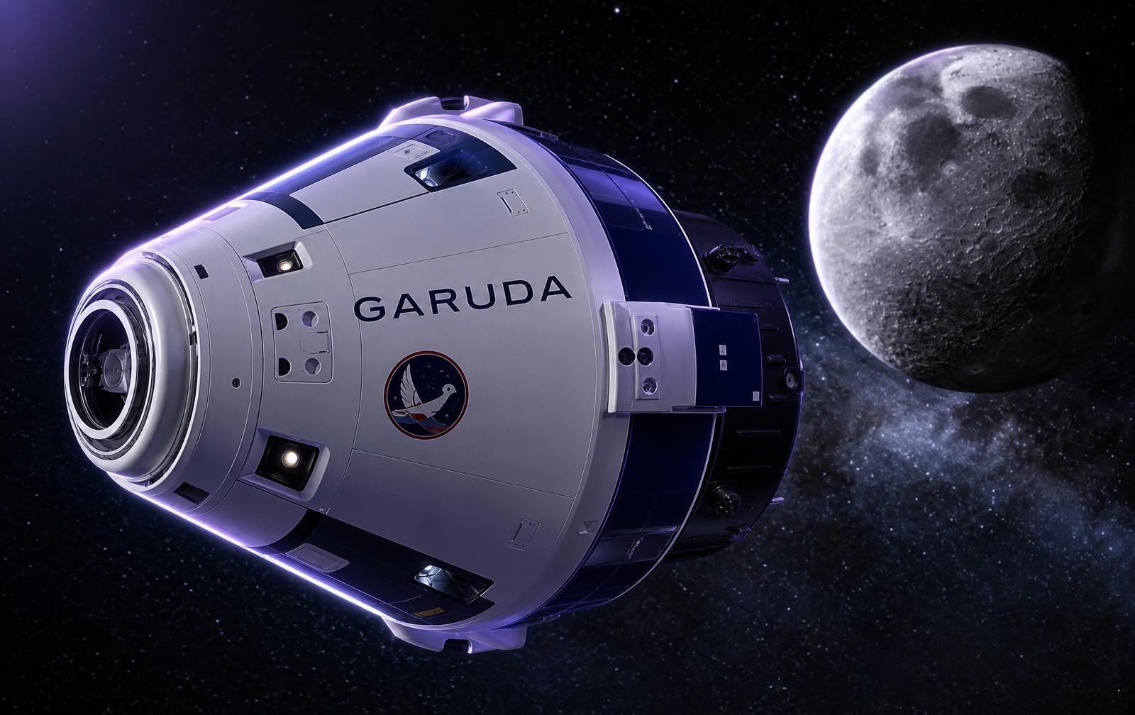 GARUDA crew capsule in deep space with the Moon in frame